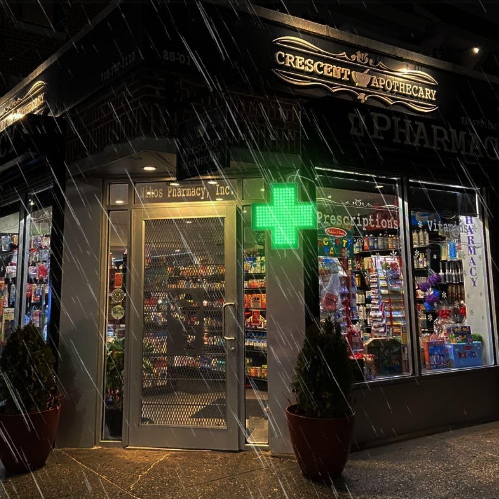 LED Med Cross Sign – 14 Inch Green Lighted Pharmacy & Clinic Business Sign