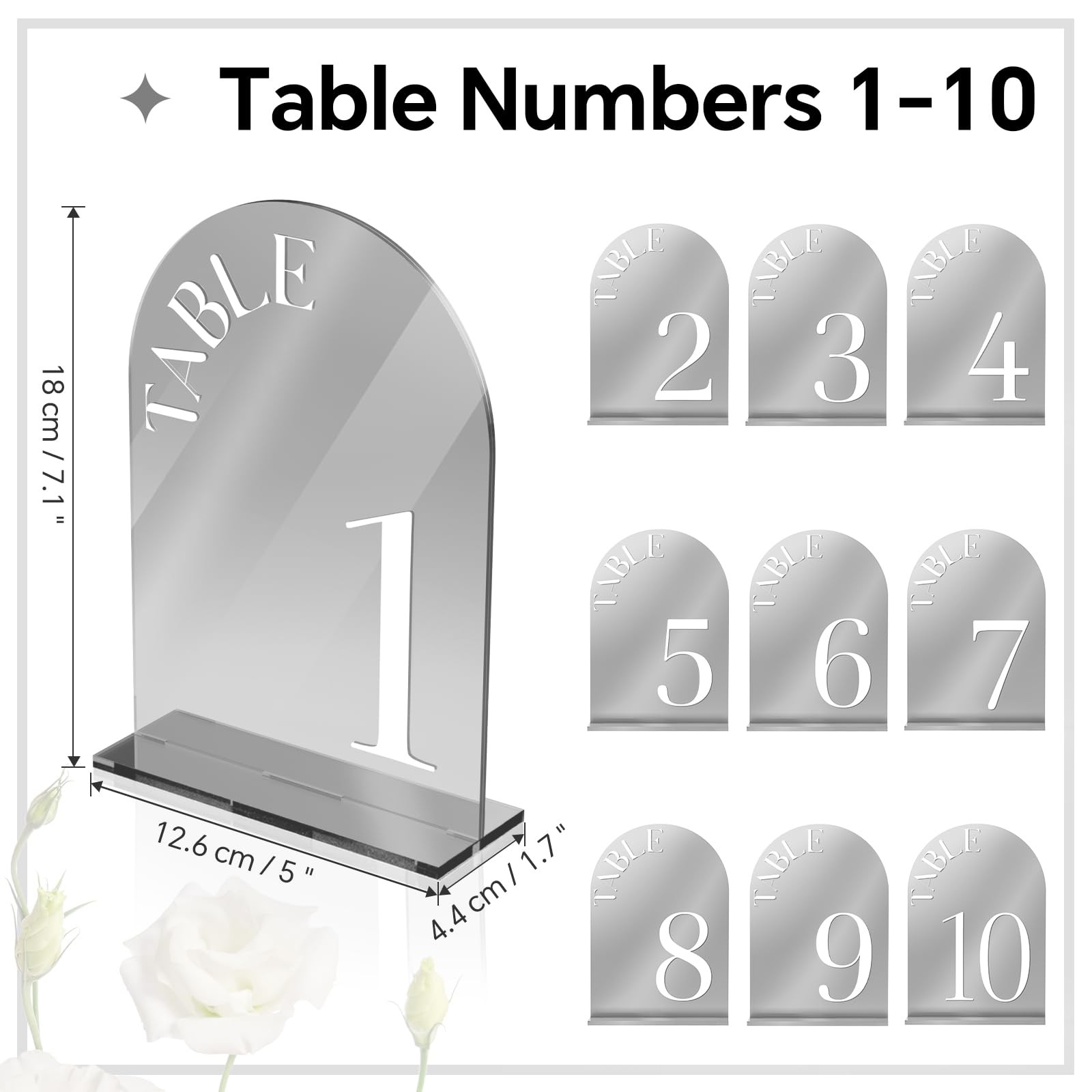 5×7 Inch Silver Mirrored Acrylic Arched Wedding Table Numbers 110 With Stand
