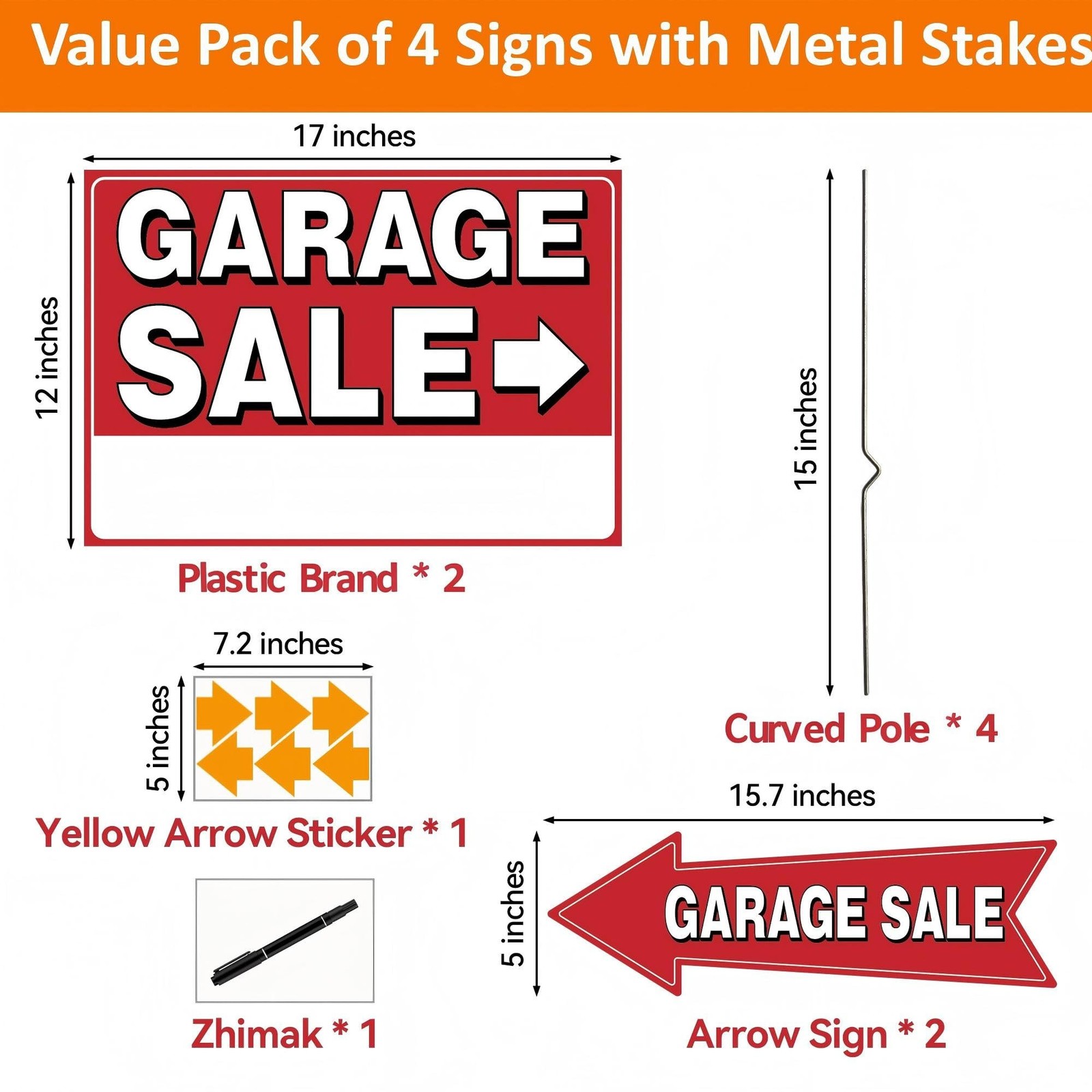 4 Pack Garage Sale Signs, Large Garage Sale Sign with Metal Stakes, 17×12 Inc…
