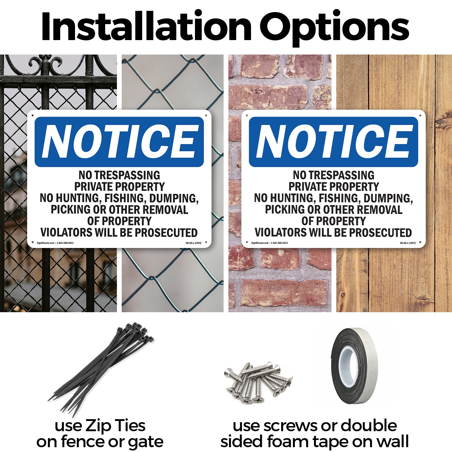 No Trespassing Private Property No Hunting OSHA Notice Sign, Decal 5 or 10 Pack
