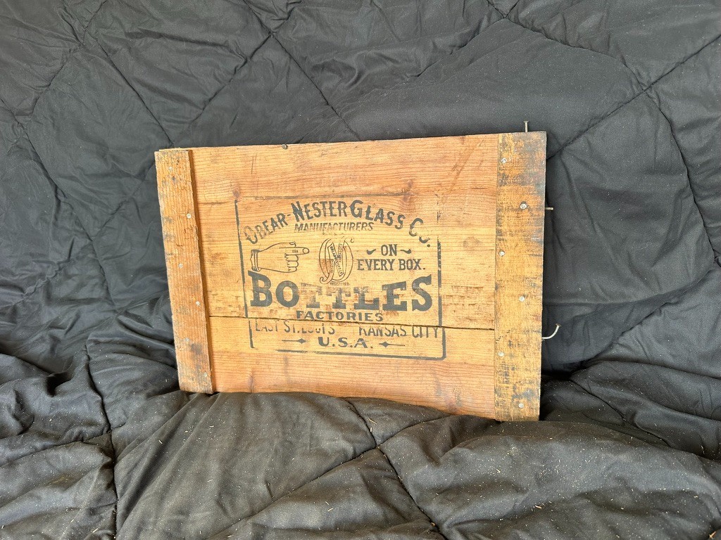Antique Obear-Nester Glass Co Bottles Wood Panel Sign Off Crate St Louis KC