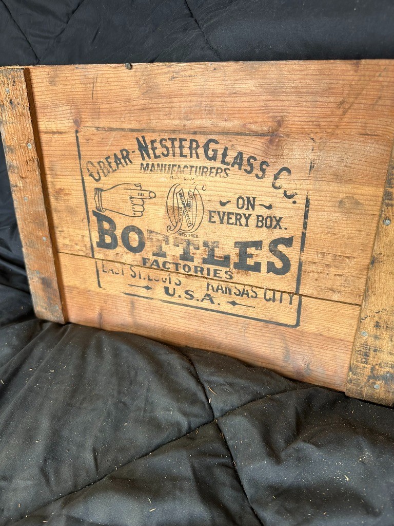 Antique Obear-Nester Glass Co Bottles Wood Panel Sign Off Crate St Louis KC