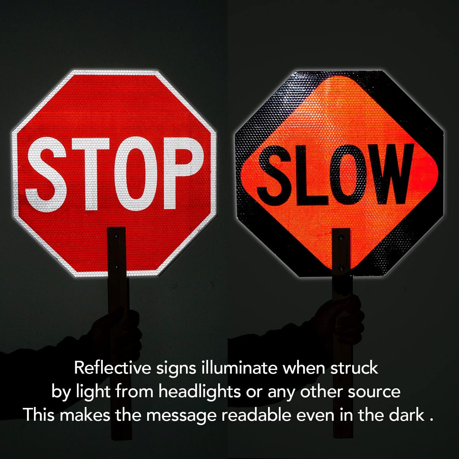 Stop Slow Sign with Bamboo Handle, 2-Pack 13&Prime; X 13&Prime; Double Sided Engineer Grade