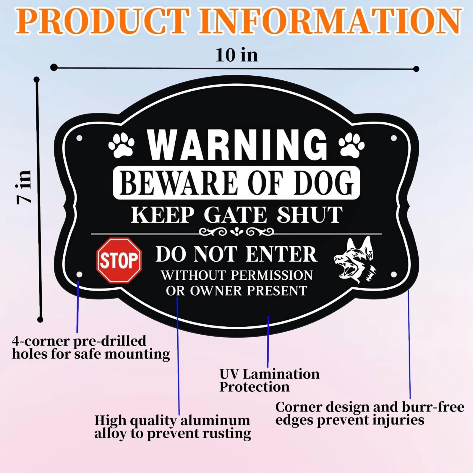 4 Pack Beware of Dog Sign, 10X7 Inch Reflective Aluminum, Security Warning for F