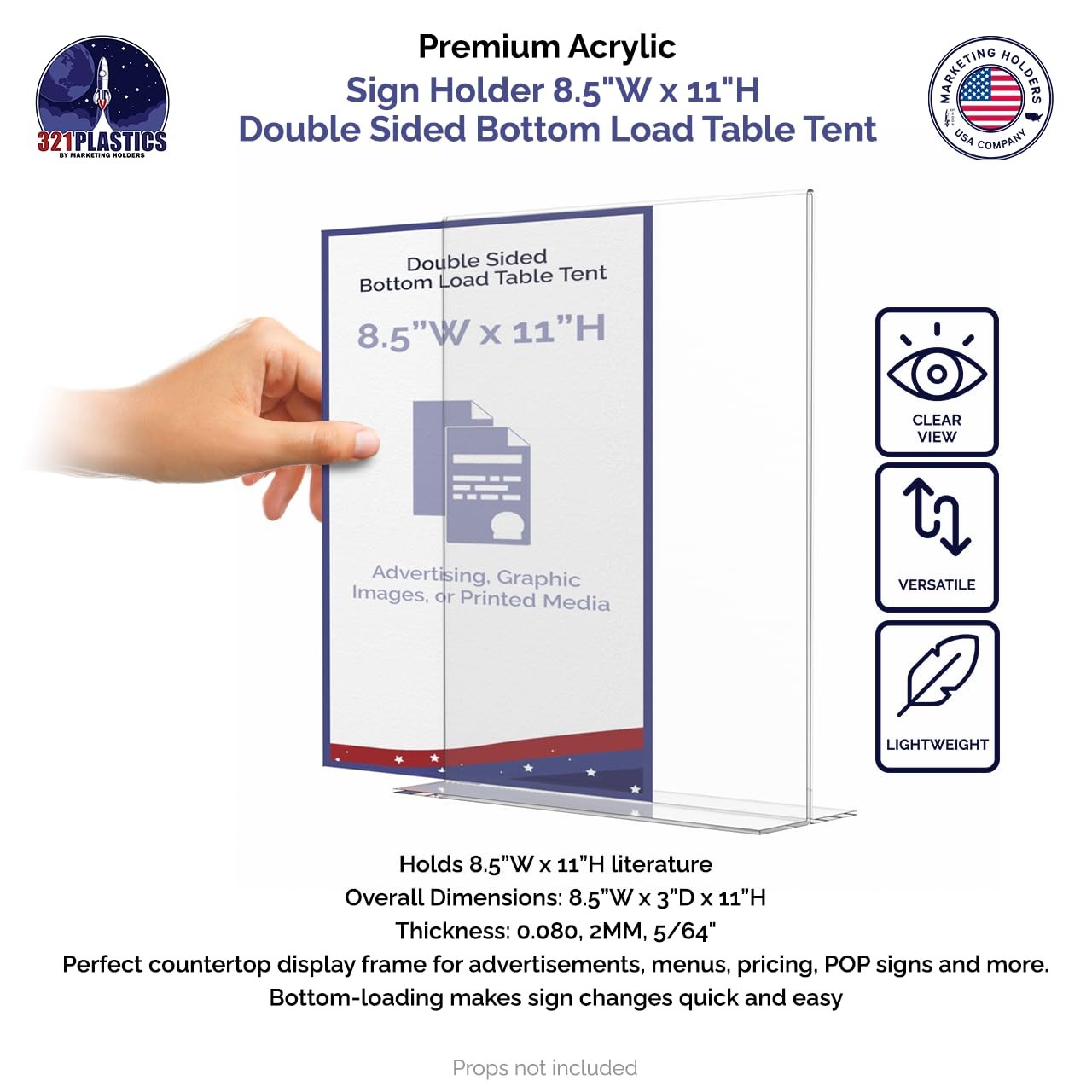 Marketing Holders Sign Holder for 8.5&Prime; x 11&Prime; Signs 8.5&Prime;w x 11&Prime;h, Clear