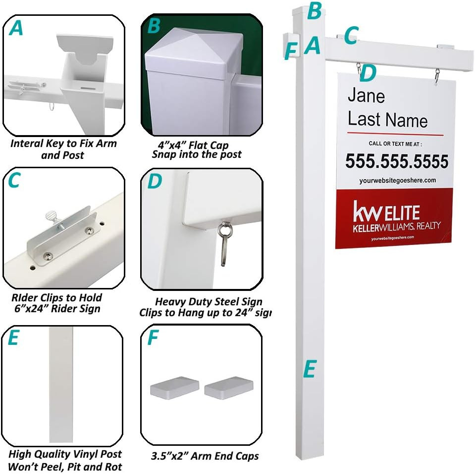 Vinyl PVC Real Estate Sign Post 6Ft. Tall (4&Prime;X 4&Prime;X 72&Prime;) Realtor Yard Sign Post f