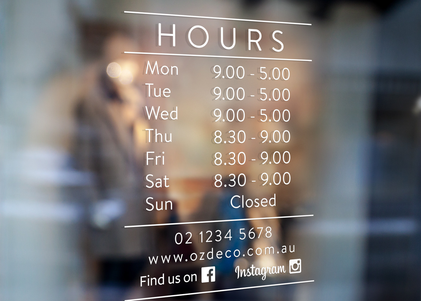 Custom Opening Hours Window Sign Wall Decal Sticker Facebook Instagram storypark