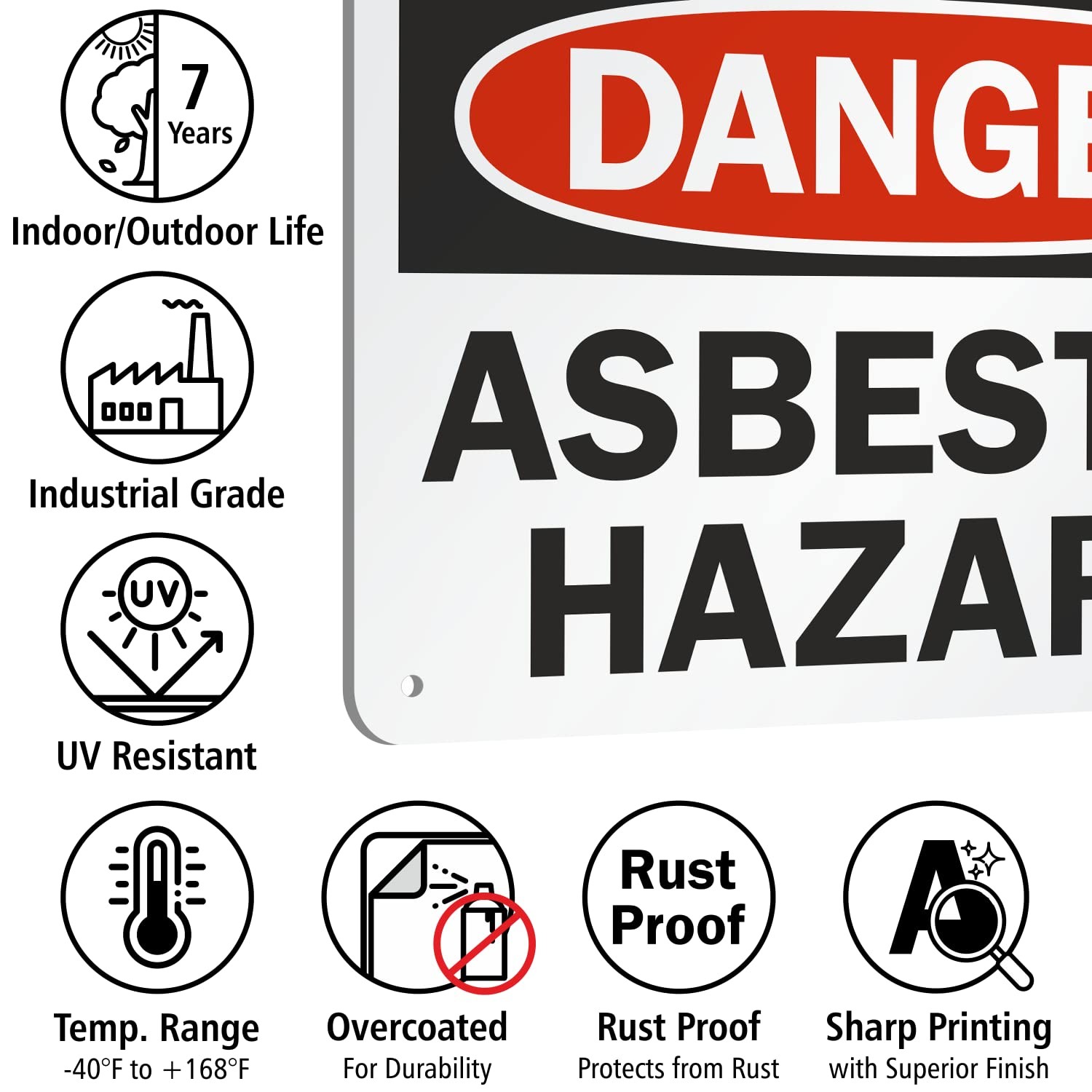 7×10 Inch OSHA Metal Sign Danger Asbestos Hazard Rustproof Aluminum 40 Mil