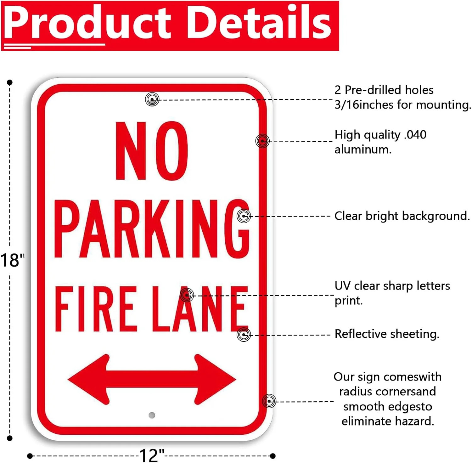 4 Pack Large No Parking, Fire Lane Sign, 18 x 12 Inches Reflective Rust Free Alu