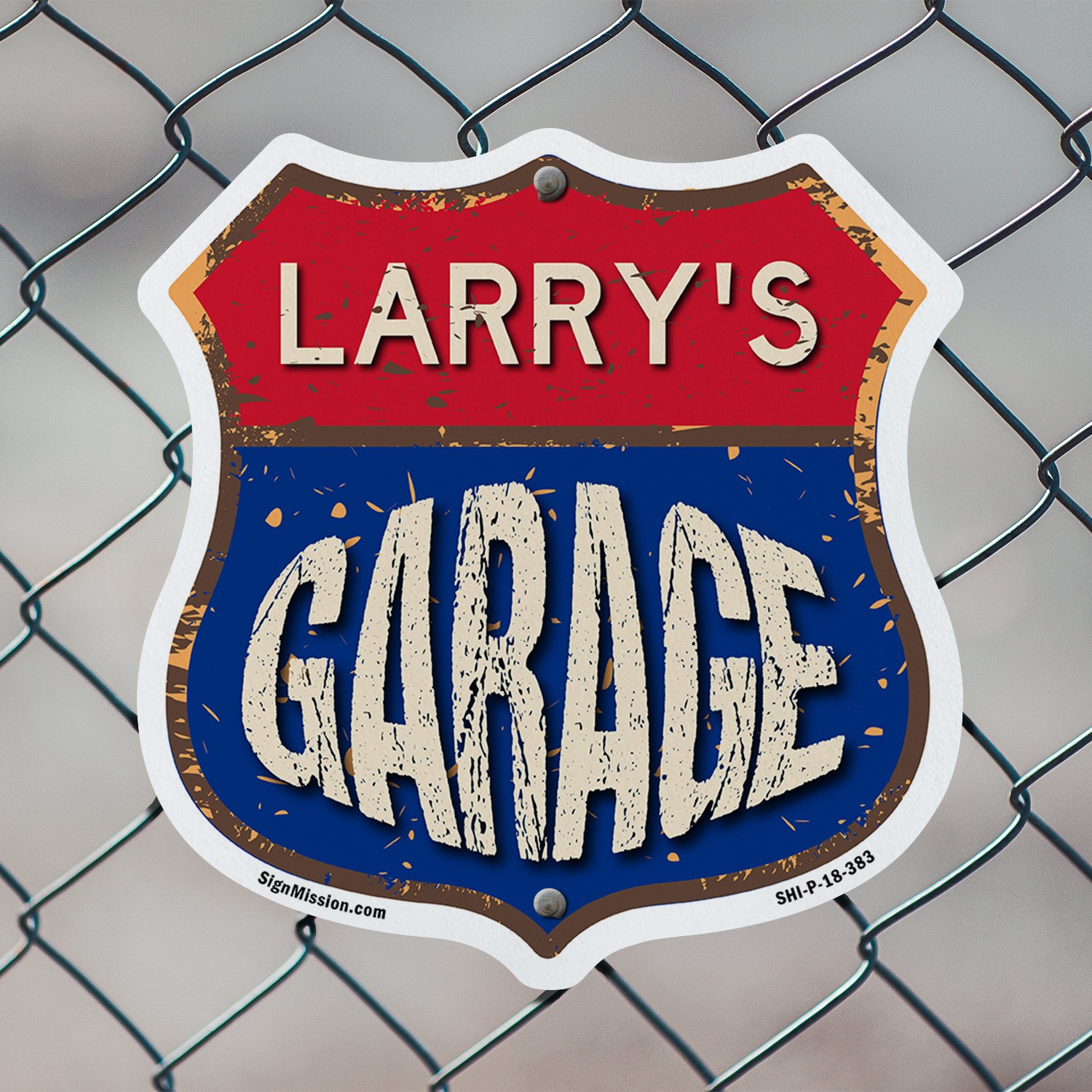 Larry&rsquo;s Garage Shield Shaped Sign Weather Resistant Crafted in the USA