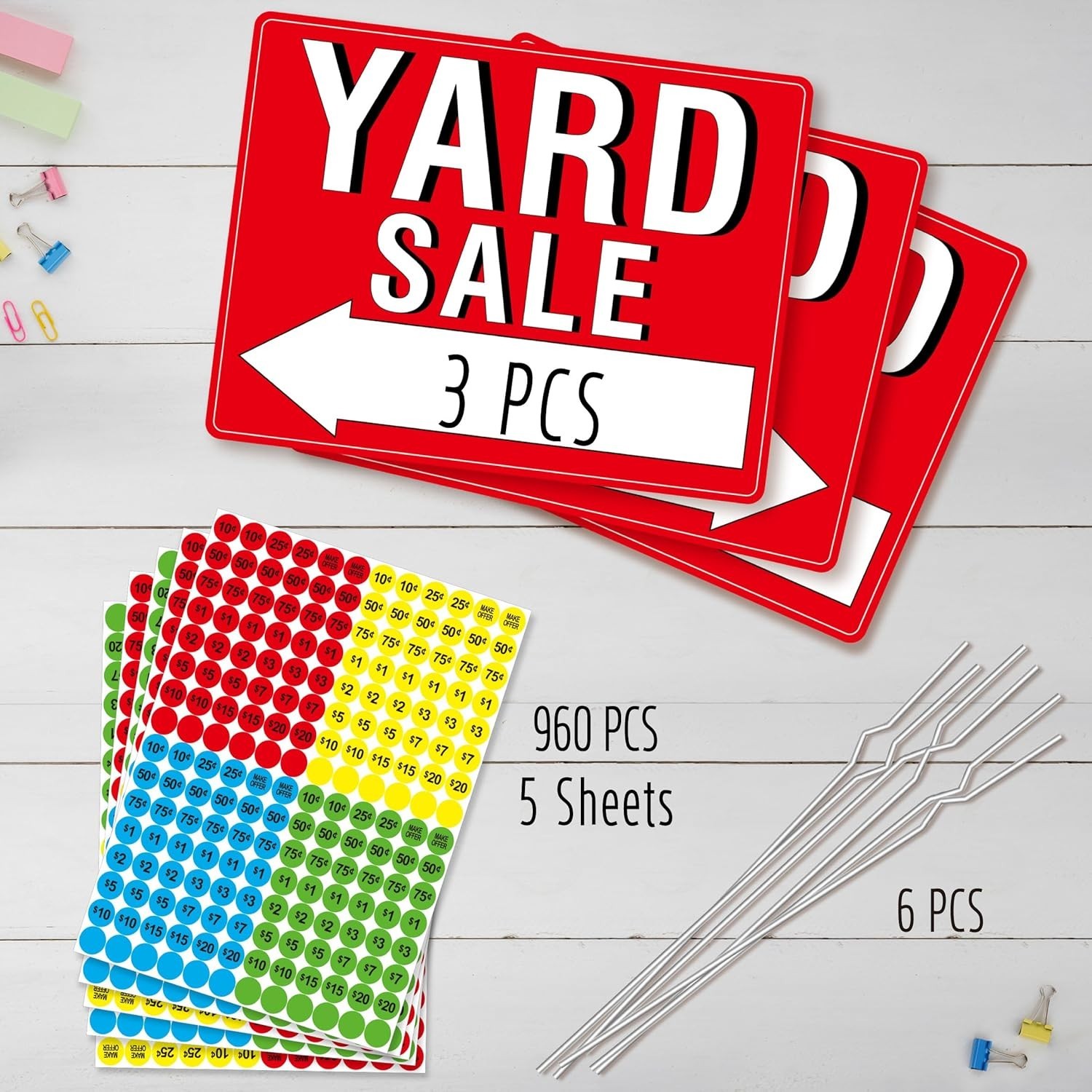 All-Weather Yard Sale Sign Set – 3PCS Double Sided with 6 Stakes & Price Labels