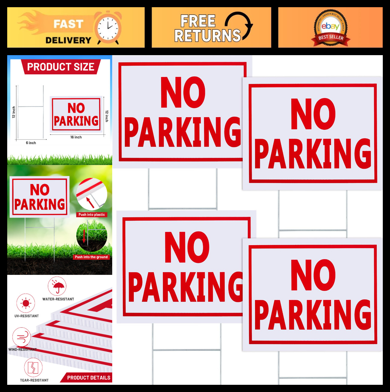 4 Pcs Double-Sided No Parking Yard Signs with Stakes – 12×16 Inches, Waterproof,