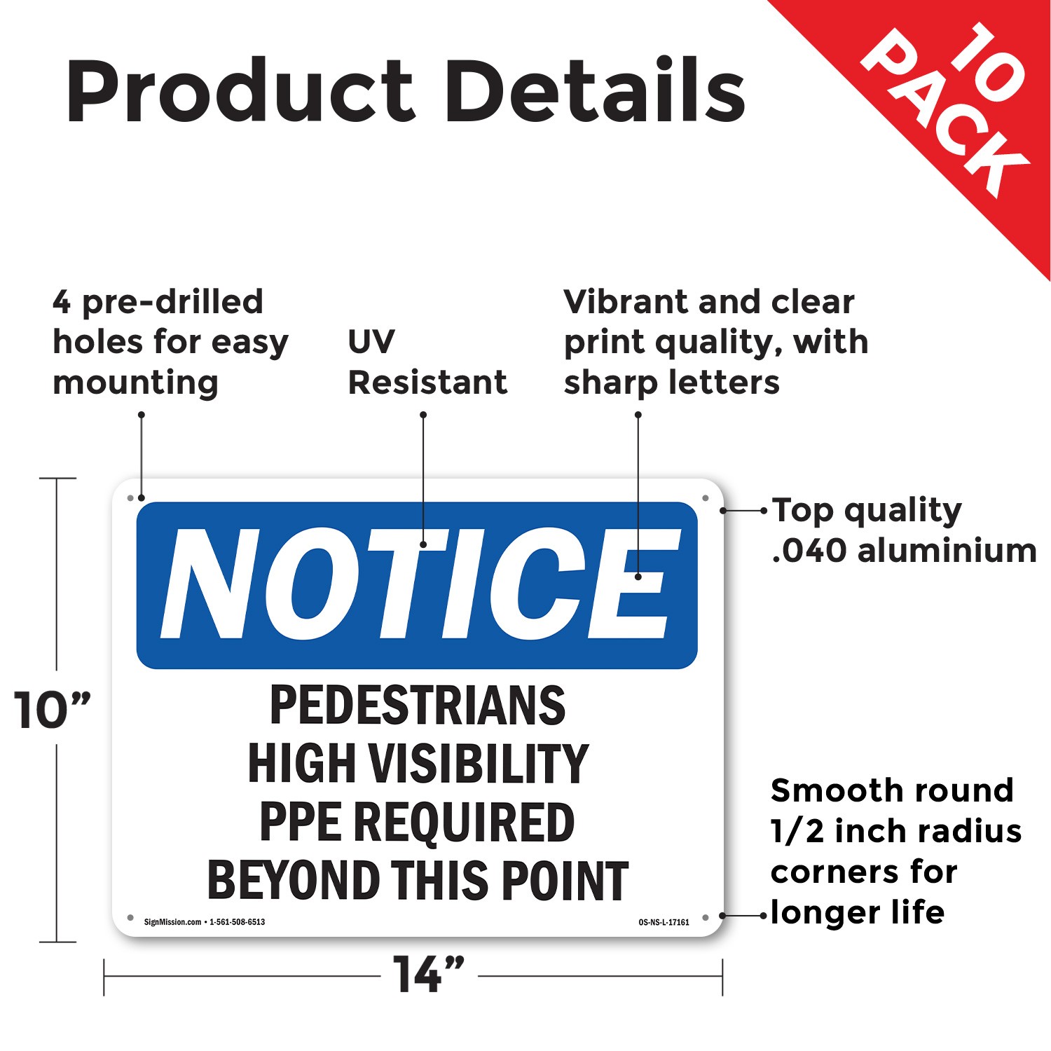 Pedestrians High Visibility PPE Required OSHA Notice Sign, Decal 5 or 10 Pack