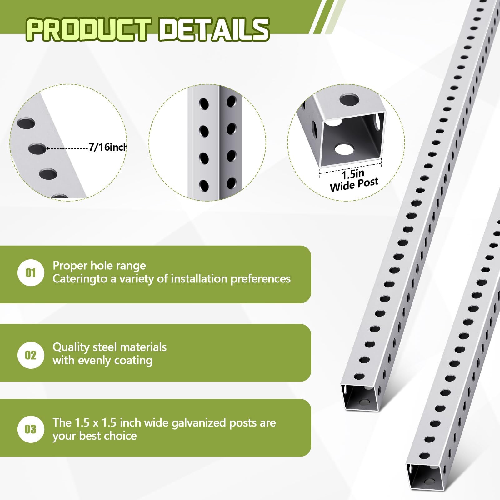 2 Pcs Square Sign Post 6 ft H x 1.5 Inch Wide with 7/16 Dia -set Perforated S…