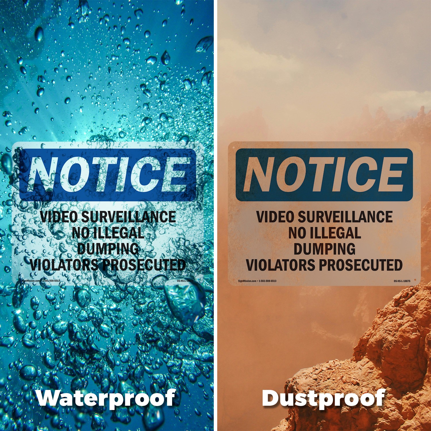 Video Surveillance No Illegal Dumping Violators OSHA Notice Sign – 5 or 10 Pack