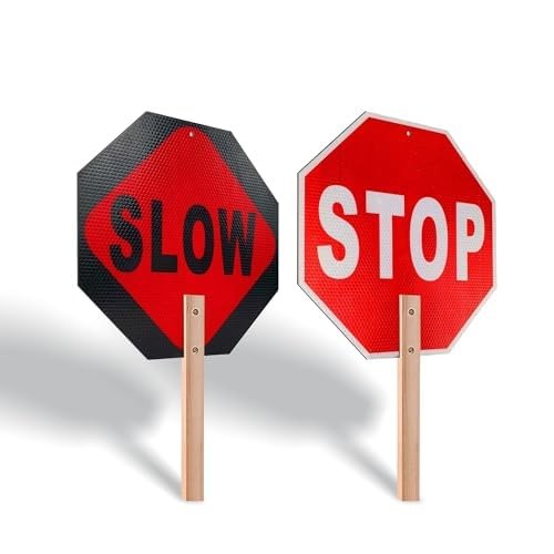 Handheld Stop Slow Signs with Wooden Handle – 12&Prime; x 12&Prime; Double-sided Crossing…