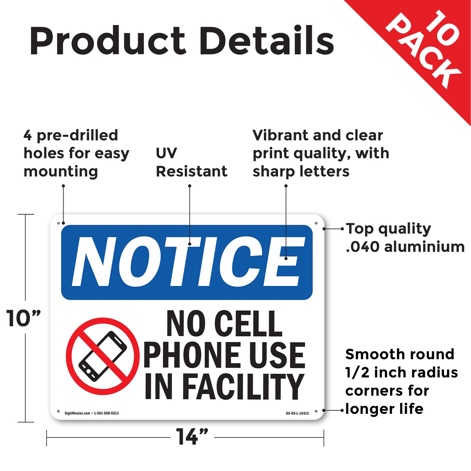 No Cell Phone Use In Facility OSHA Notice Sign Metal Plastic, Decal 5 or 10 Pack