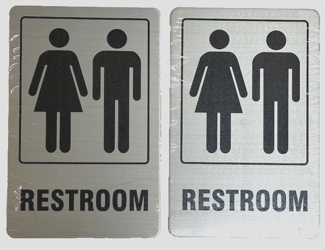 2 Pcs Restroom Signs ~ Commercial Bathroom Signs, 9 x 6 inches Brushed Metal