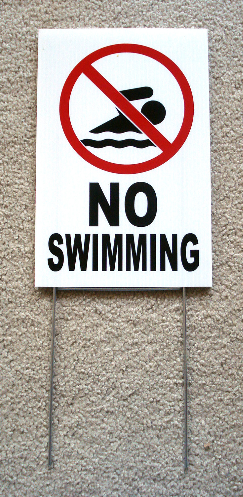 NO SWIMMING with Symbol 8&Prime; x12&Prime; Plastic Coroplast Sign with Stake