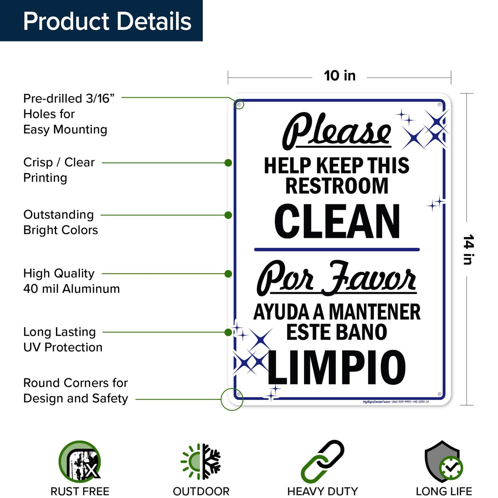 Please Help Keep This Restroom Clean Sign, Bilingual English and Spanish, 10x…