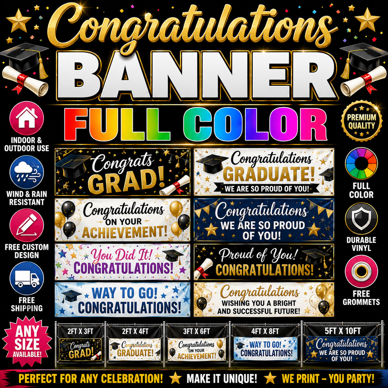 FULL COLOR BANNER INDOOR OUTDOOR USE Congratulations OR GRADUATION RETIREMENT