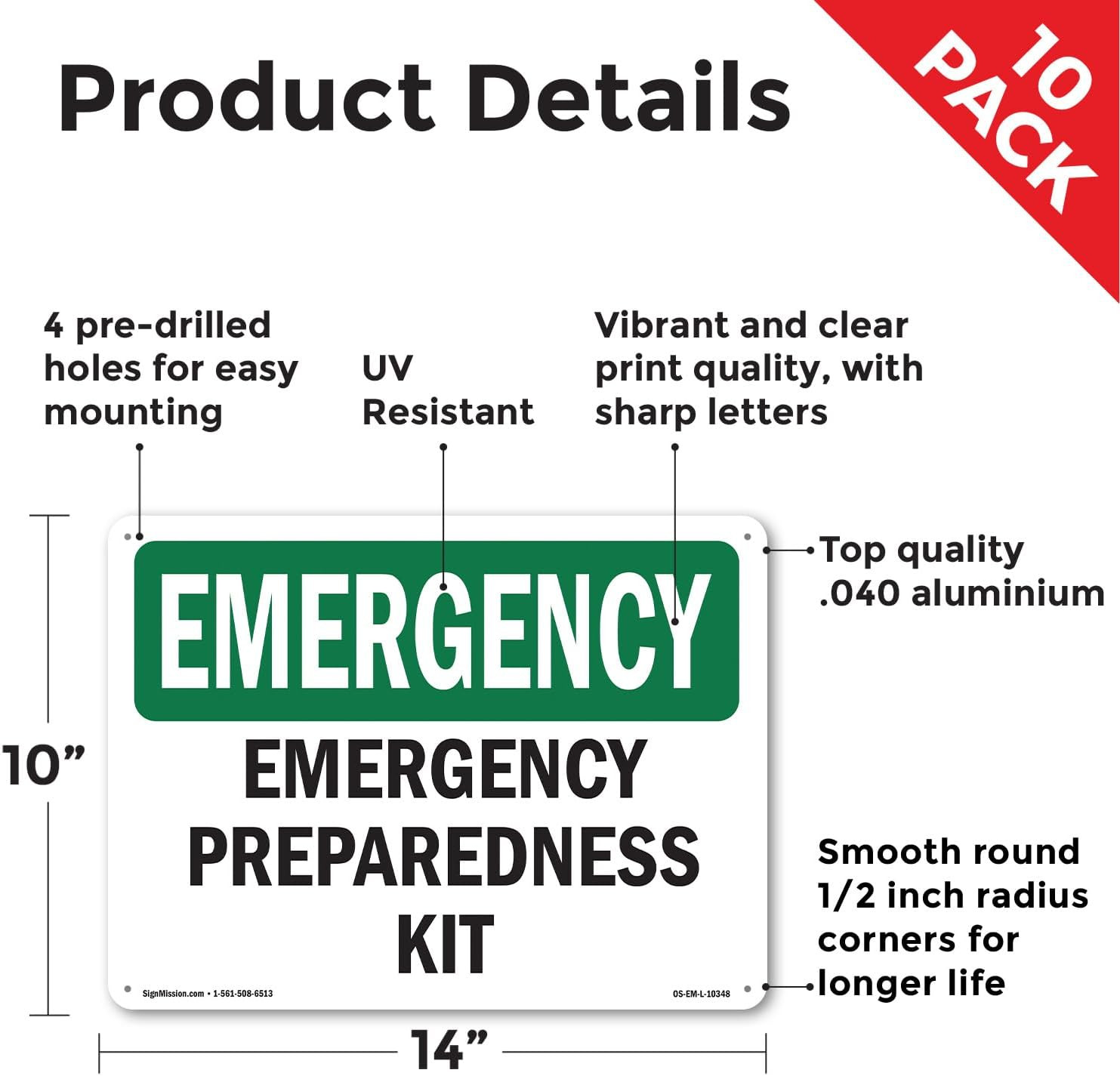 Preparedness Kit OSHA Emergency Aluminum Sign 14 Inch X 10 Inch – 10 Pack