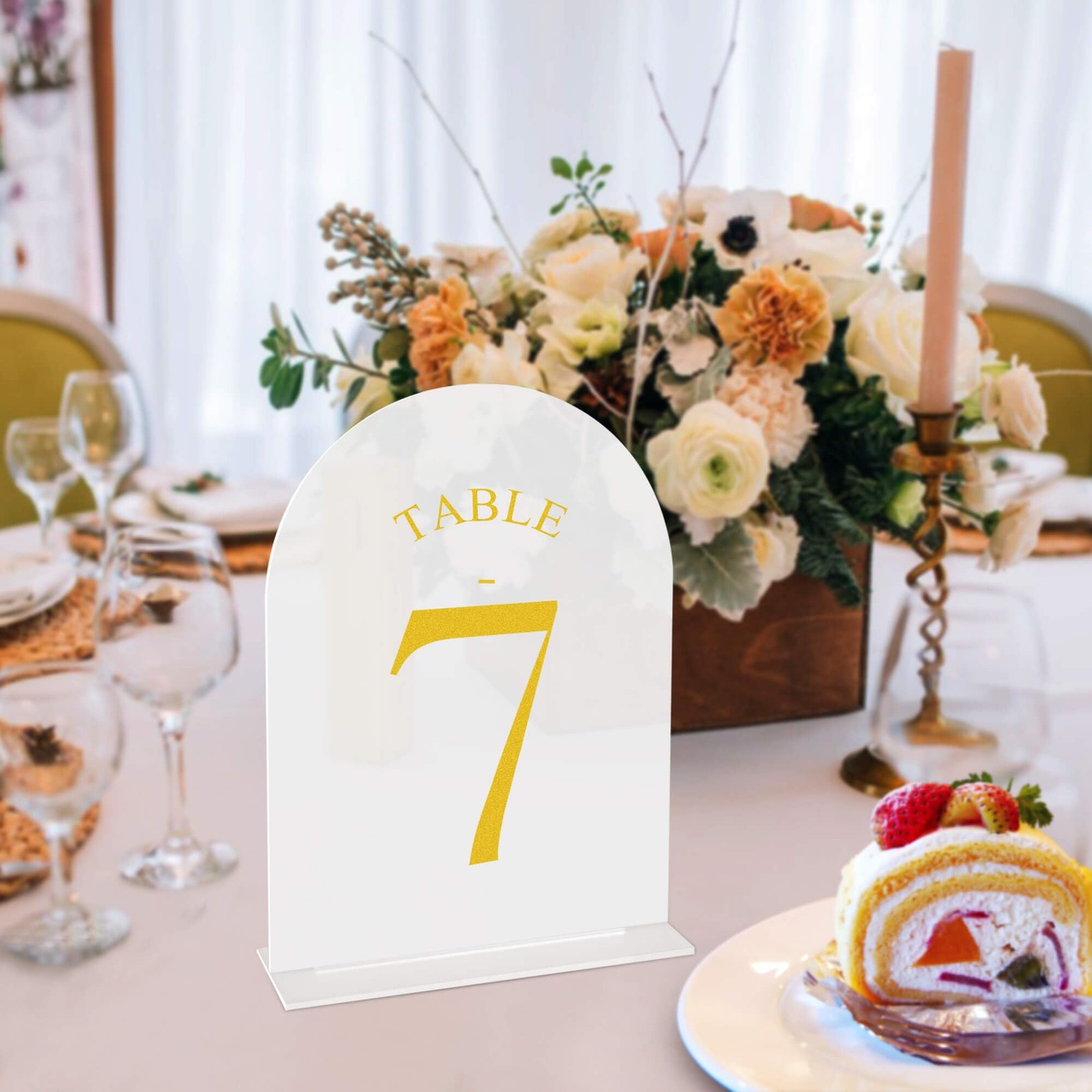 Frosted Arch Wedding Table Numbers 1-10 with Stands – 5&Prime; X 7&Prime; Acrylic Gold Ta…