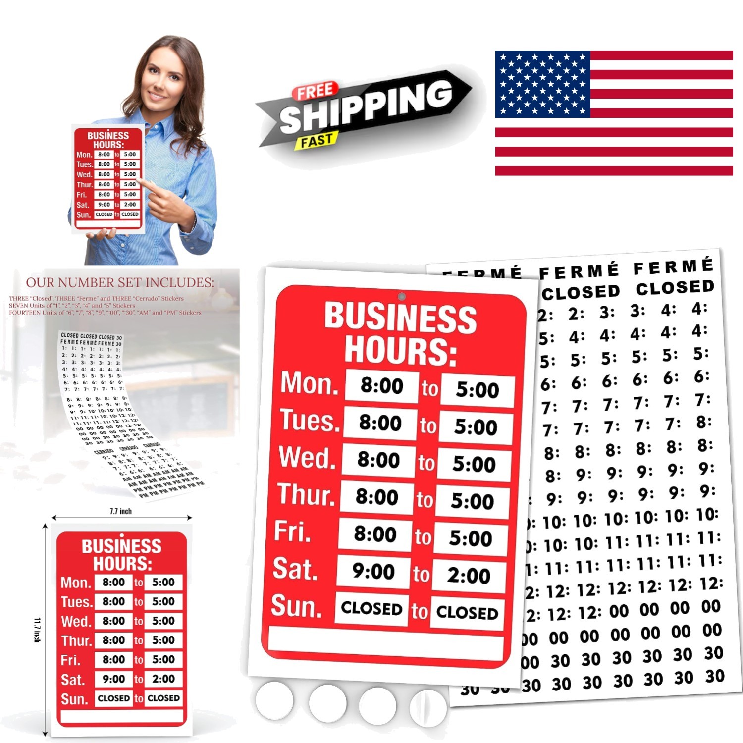 Business Hours Sign for Glass Door 11.7 Inch Red and White Adhesive Sticker Kit