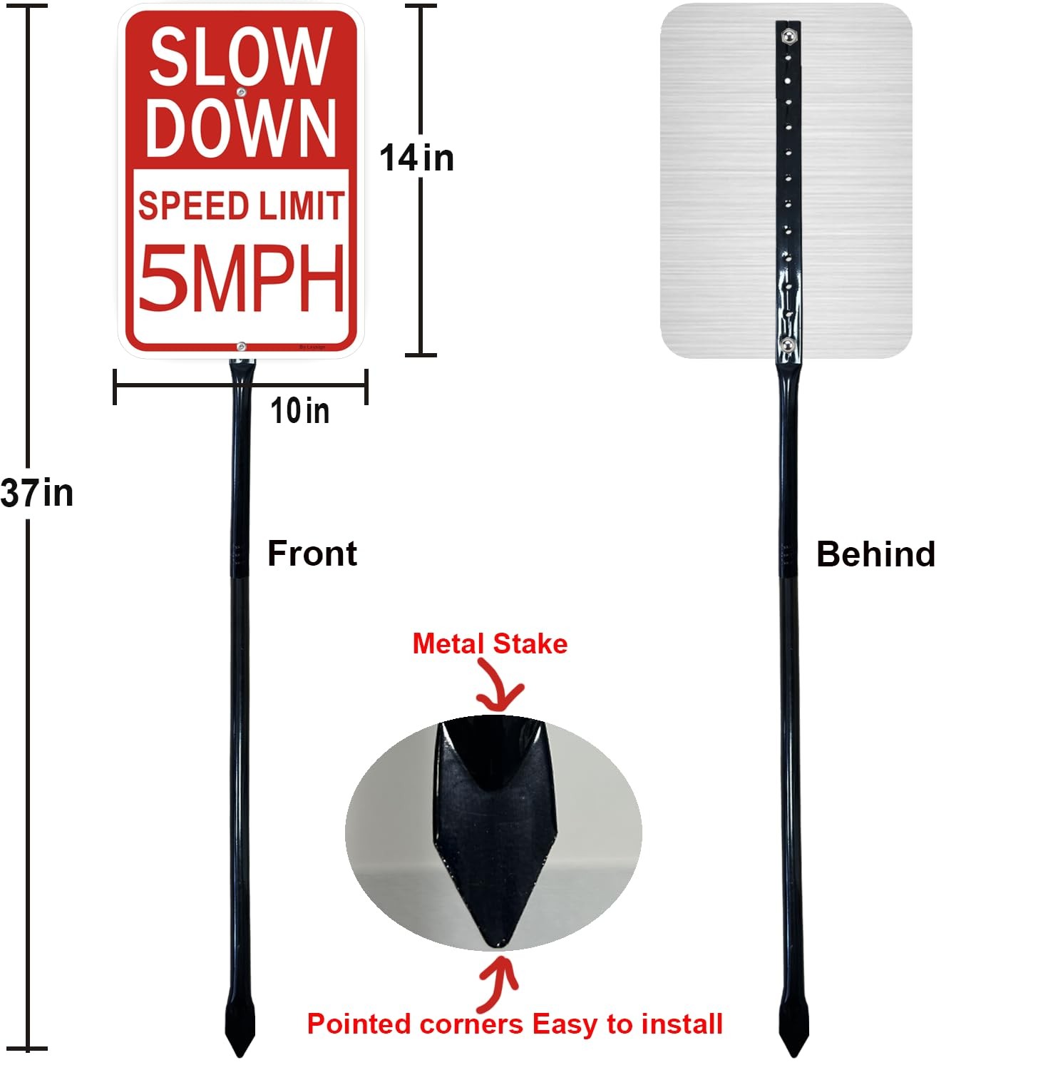 1-Pack 14×10 Inch &lsquo;Slow Down 5 MPH&rsquo; Sign with 36 Inches Metal Stake Reflective