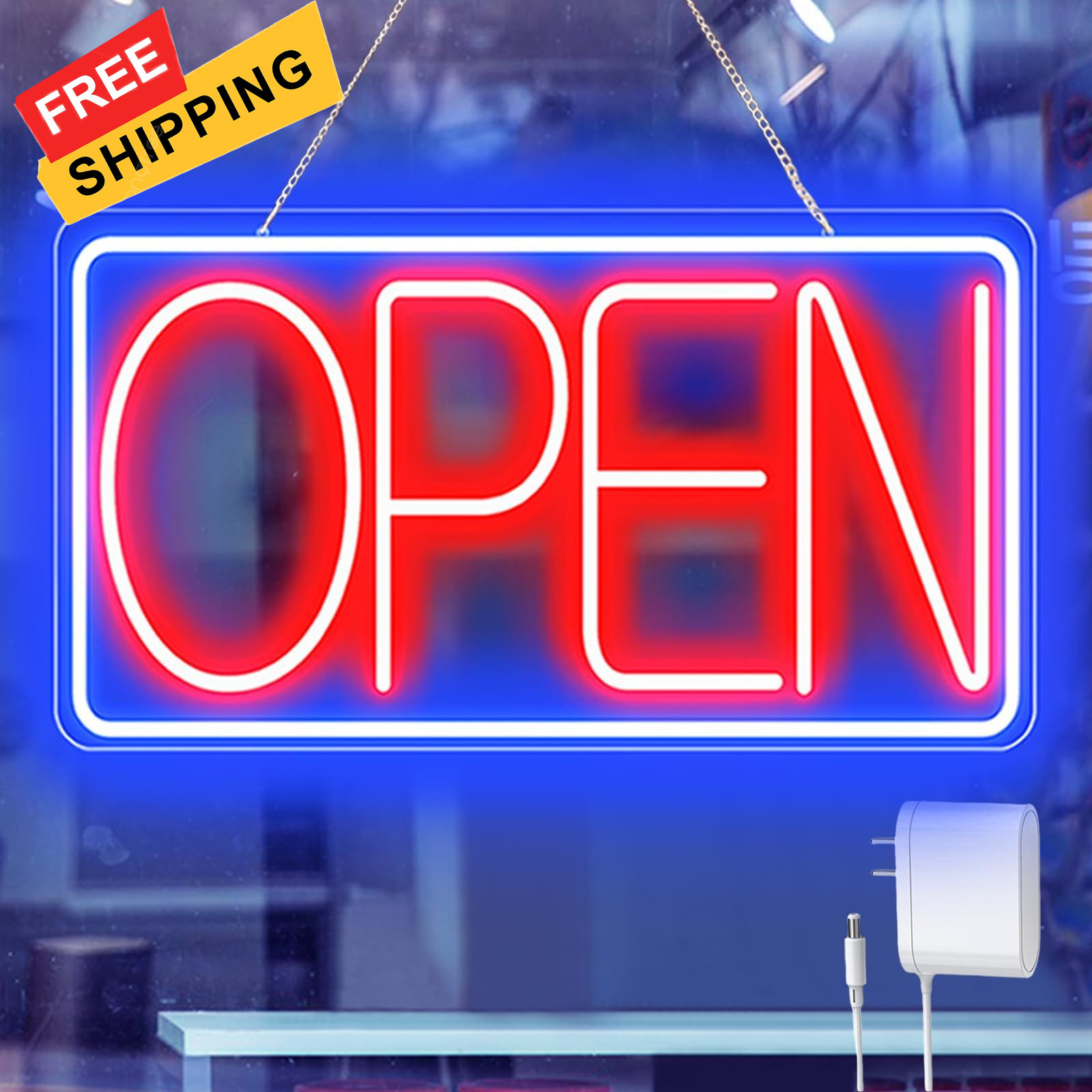 16.5&Prime; X 9&Prime; Led Neon Open 16.5×9 inch with AC Adapter, Blue/Red-Horizontal