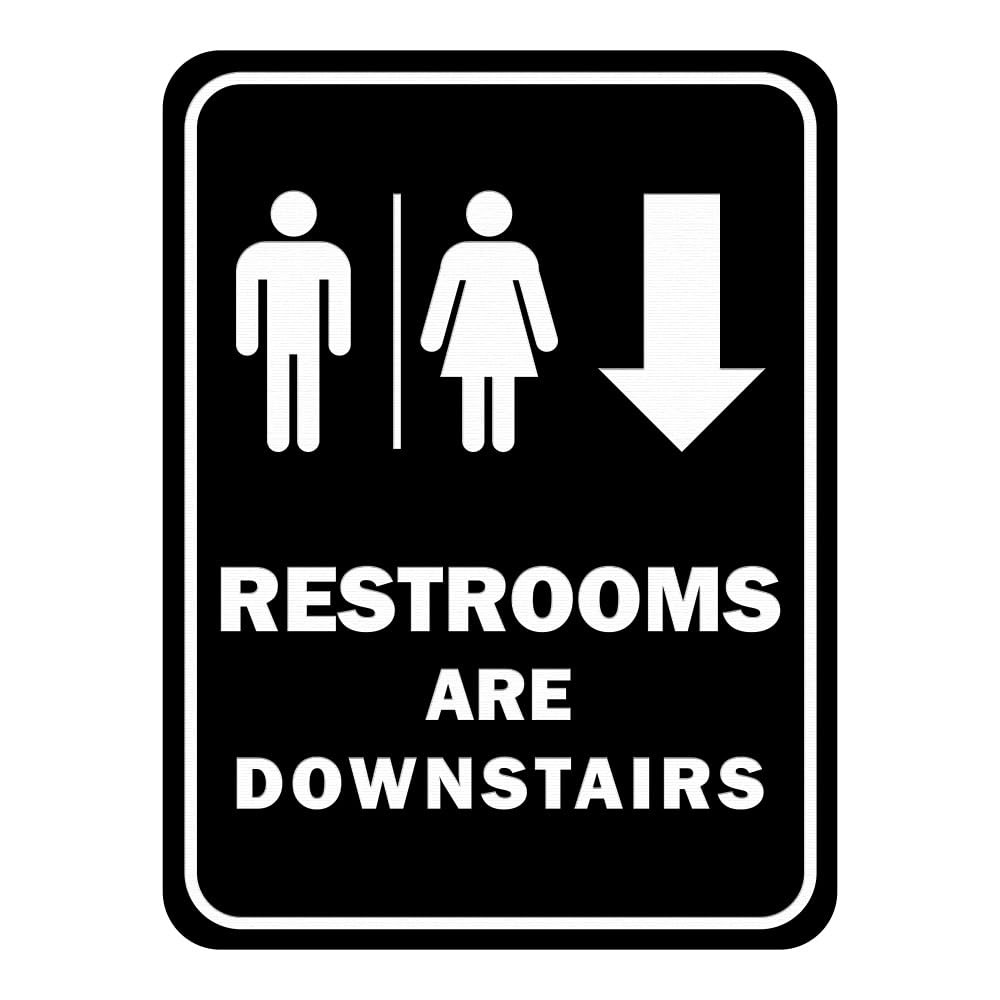 Portrait Round Restrooms Are Downstairs Sign Black Large Wall Mount Display