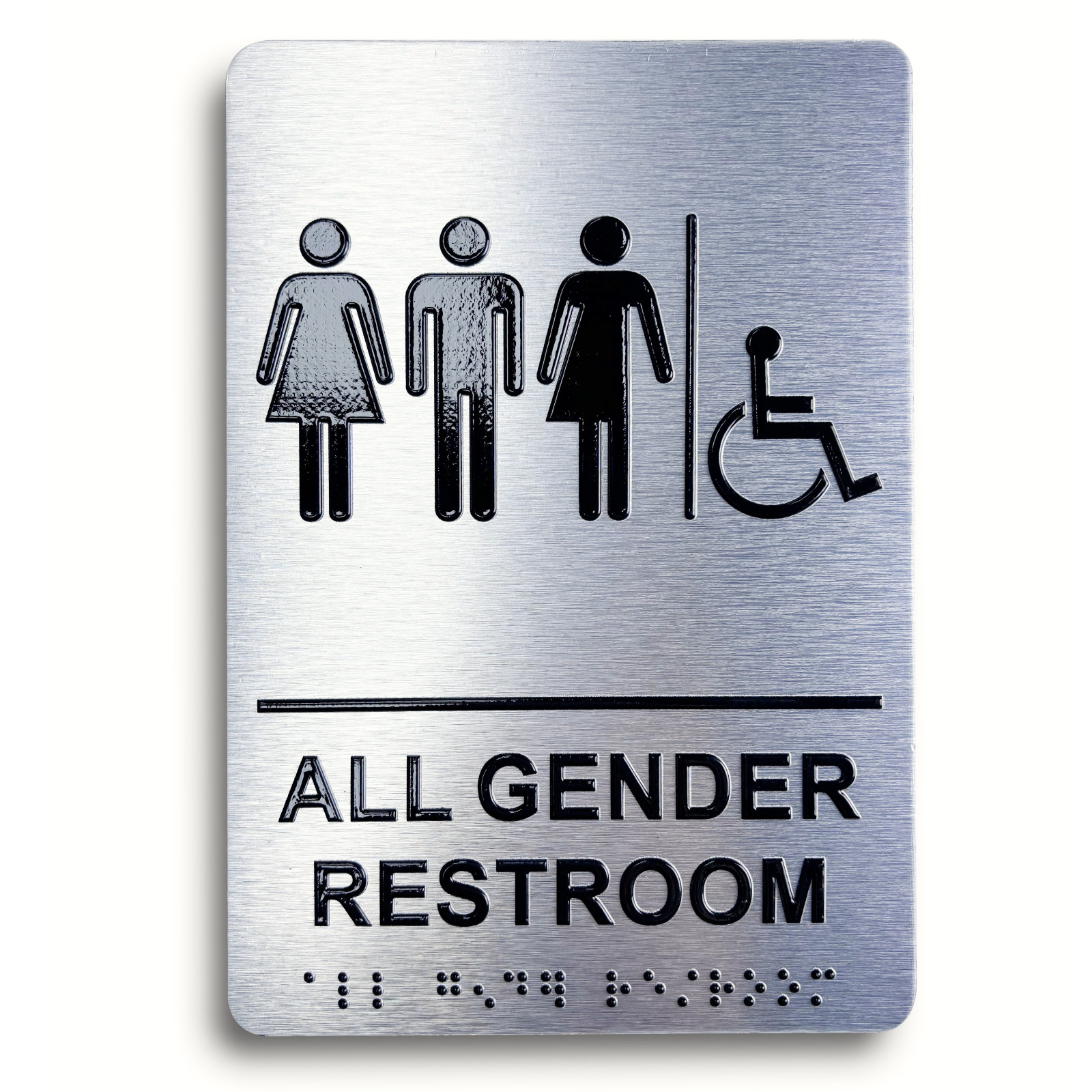 Unisex Restroom Sign with Braille, Aluminum 9 x 6&Prime; ADA Restroom Sign