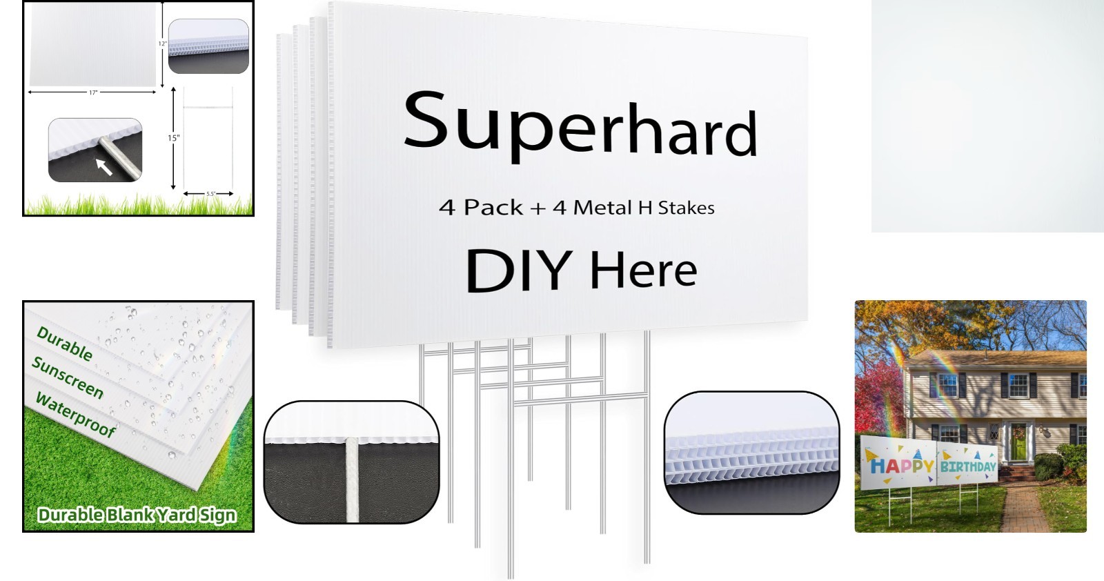 4 Pack 17×12 Blank Yard Signs with Metal Stakes – Customizable White Plastic