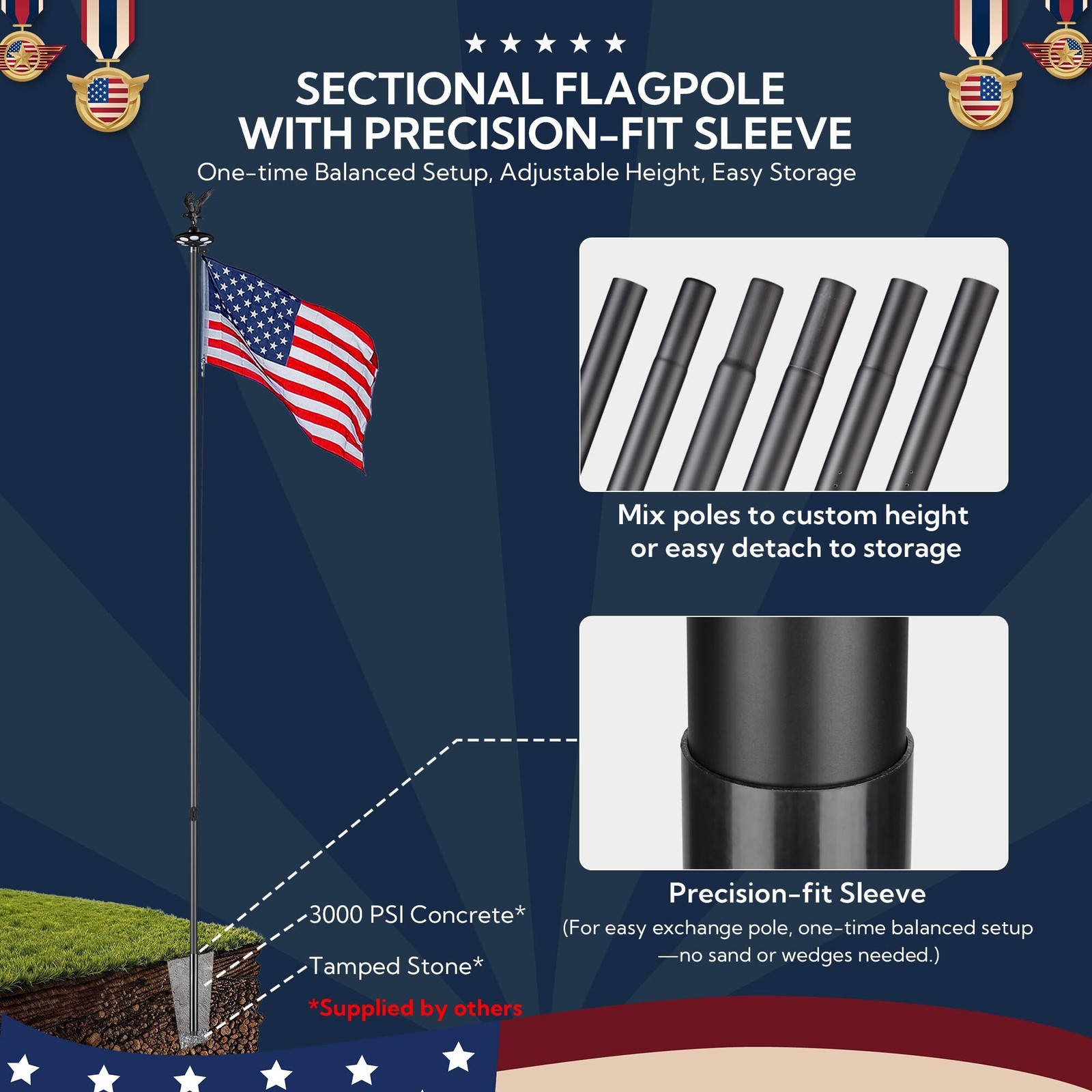 Yescom 20&prime; Sectional Aluminum Flag Pole Kit w/ Solar Light US Flag Eagle Topper
