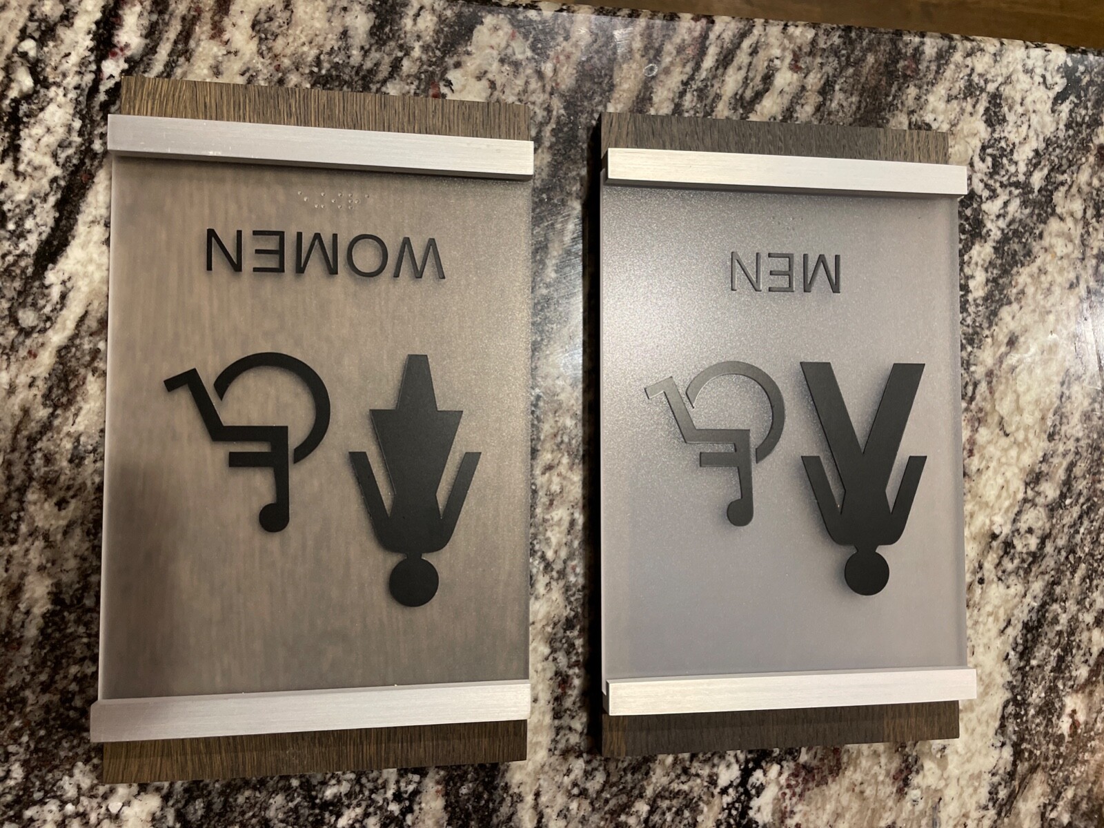 Wood and acrylic restroom signs, excellent condition, 10×6
