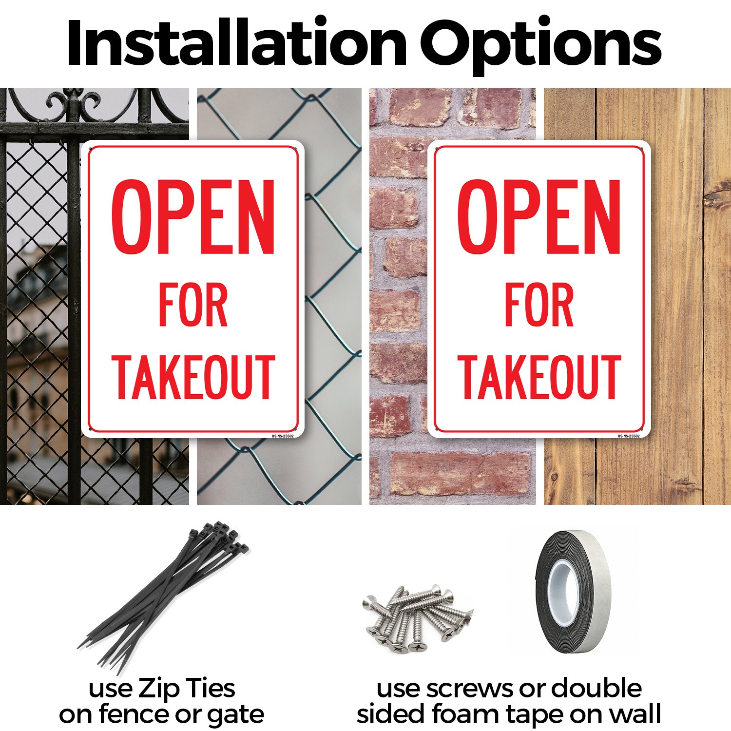 Open For Takeout Public Safety Sign Metal, Plastic, Or Decal – 5 or 10 Pack