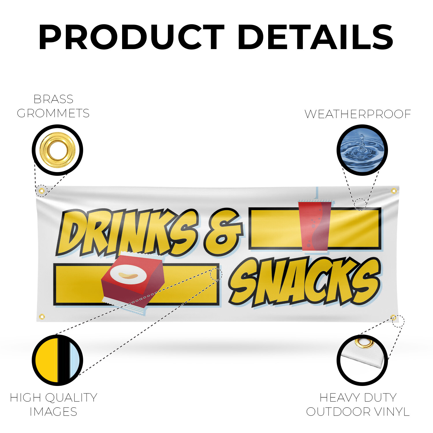 Drinks and Snacks Vinyl Banner Sign with Metal Grommets Heavy-Duty Single-Sided