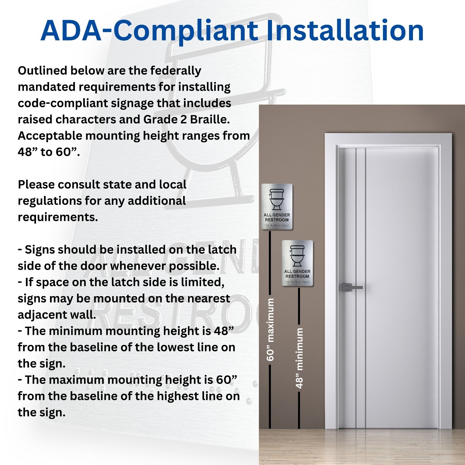 ADA Compliant, Restroom Signs, Brushed Aluminum with Braille text 6&Prime;x9&Prime;