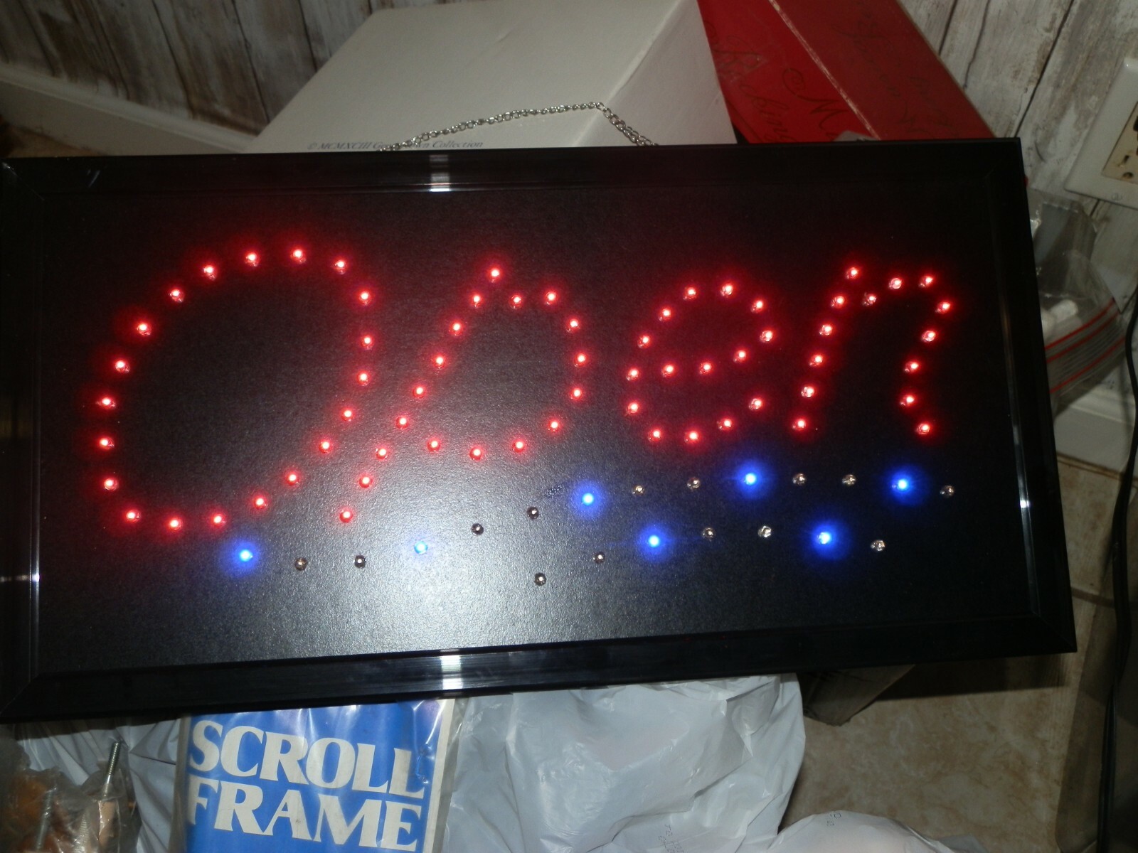 9.5 x 18.5 x 3.5 in Lighted Open Sign – Red Blue and Black, Animated, w/Chain