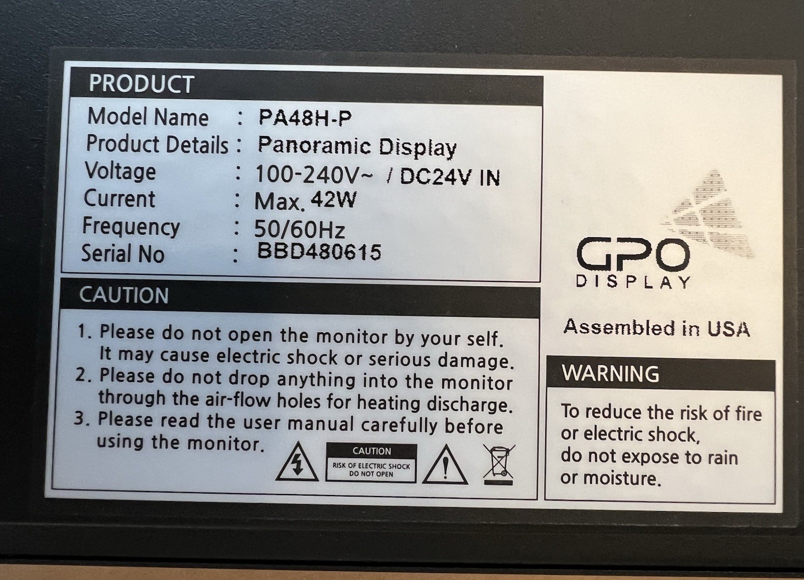 GPO 48” Panoramic Display W/RS232 Part # PA48H-P