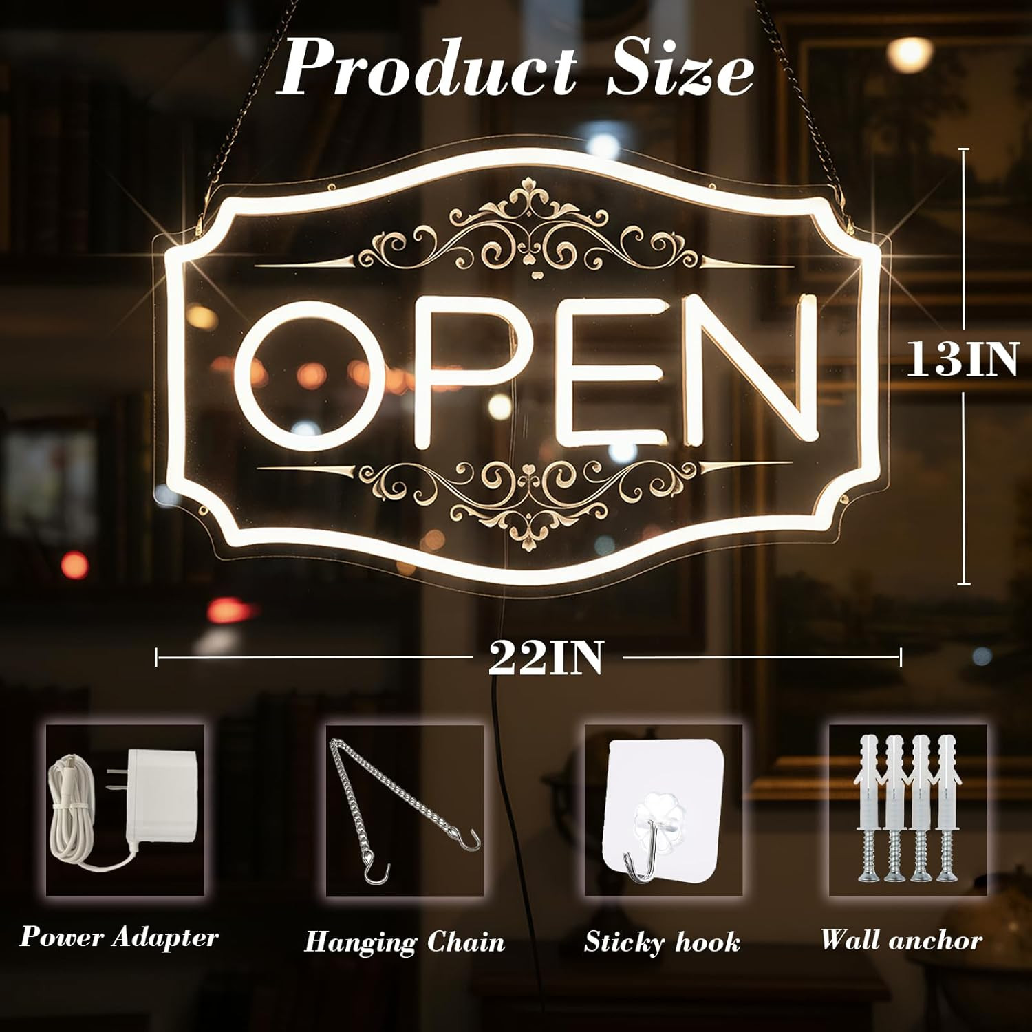 Dimmable 22&Prime; LED Neon Open Sign – Warm White for Storefronts & Windows