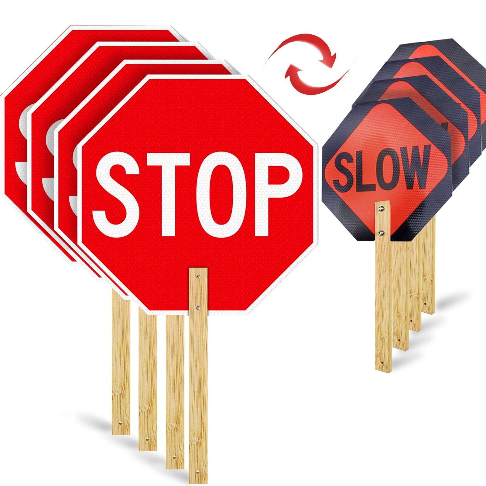 4 Pack Stop Slow Sign, 13” X 13” Handheld Stop Sign, Aluminum Crossing Guard Sig