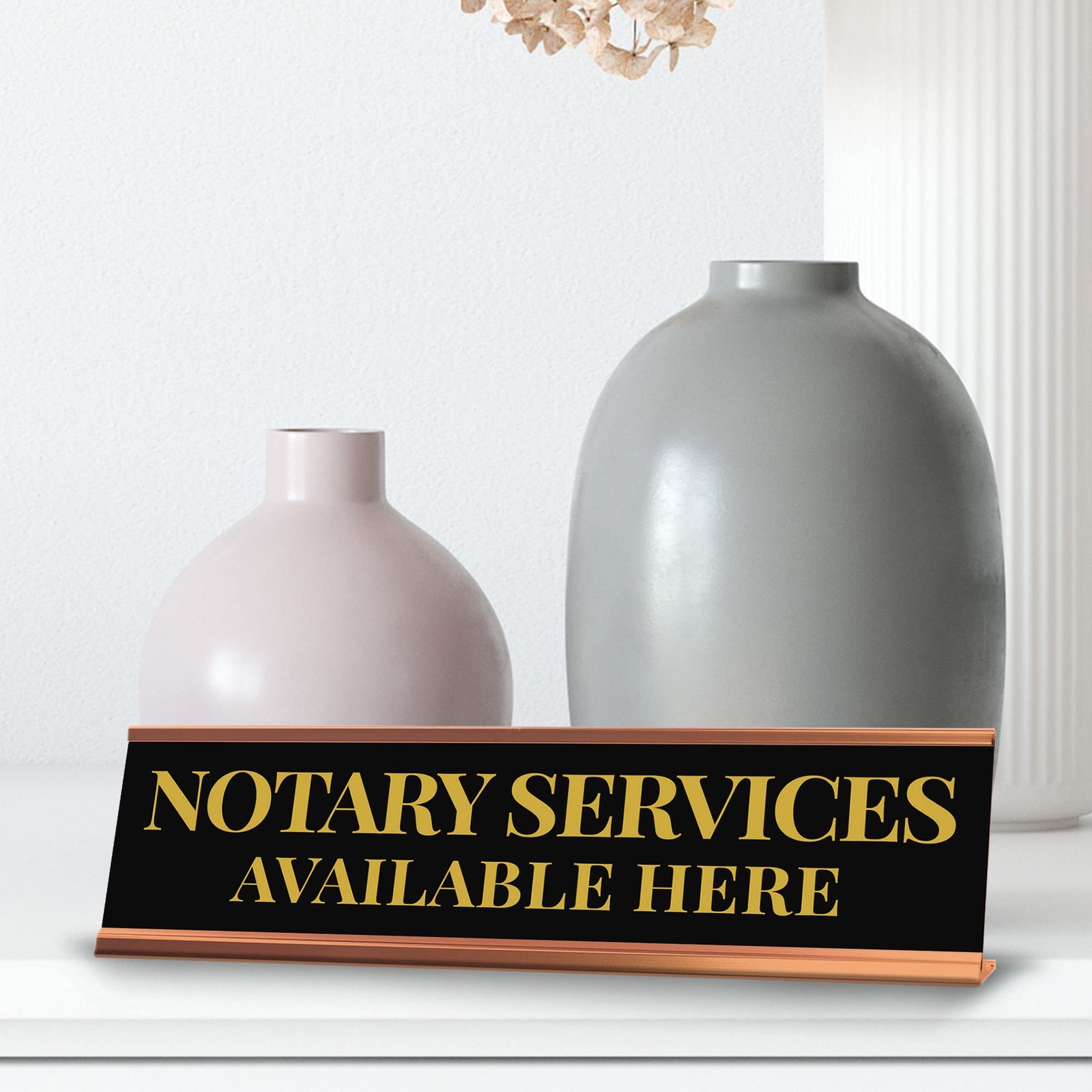 Signs ByLITA Notary Services Available Here Gold Frame Desk Sign (2×8&Prime;)