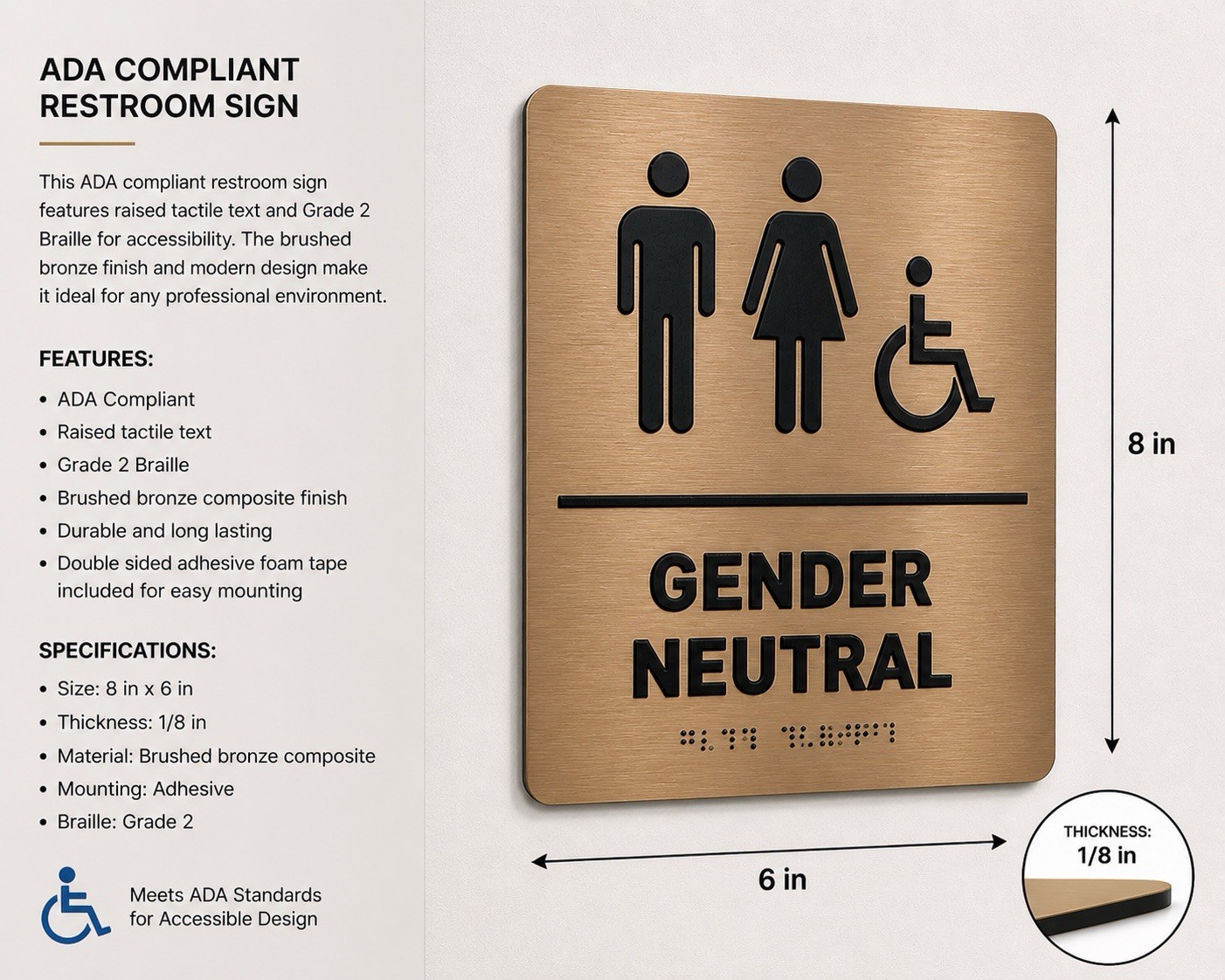 Gender Neutral Restroom Sign 8×6 Brushed Bronze ADA Braille Peel Stick