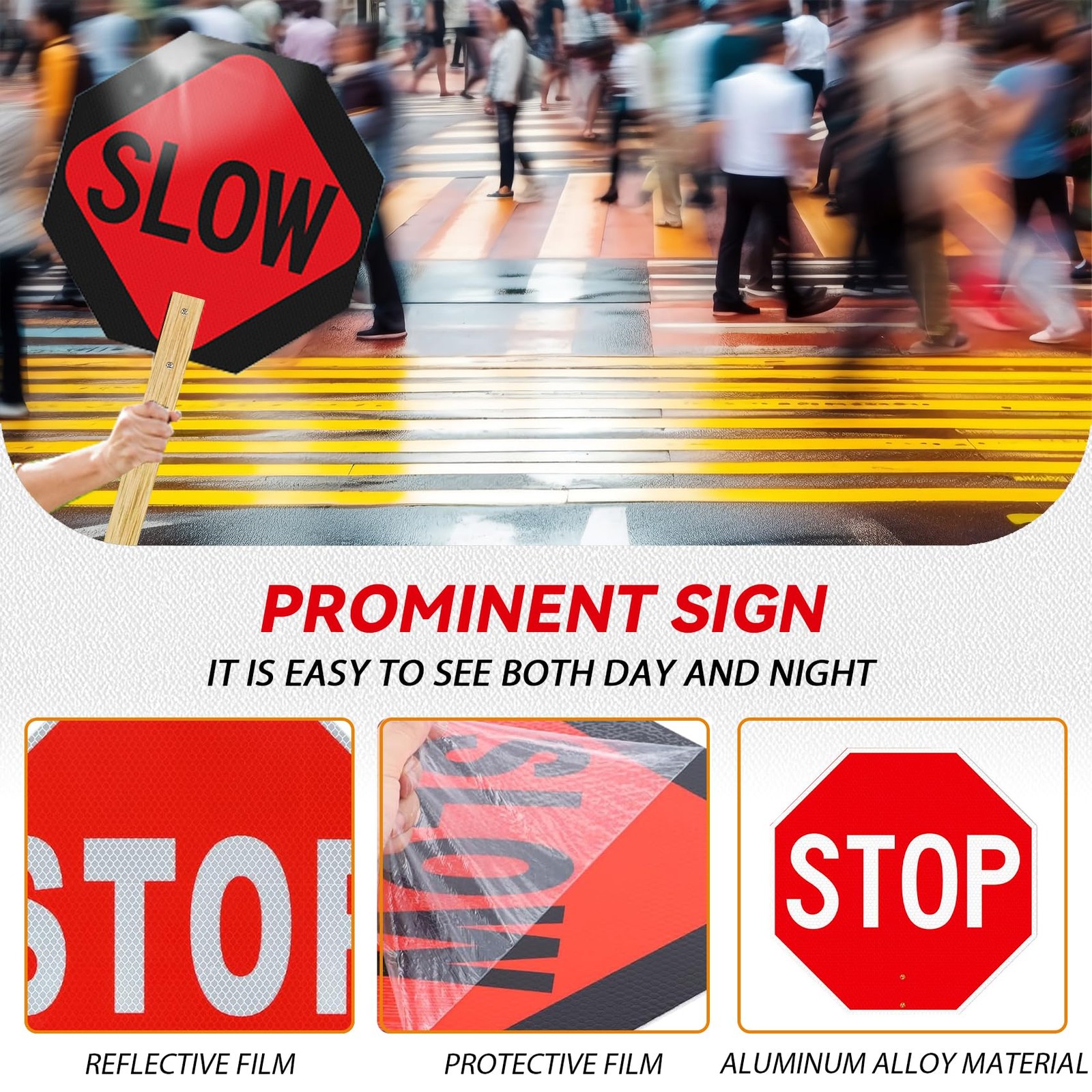 4 Pack Stop Slow Sign, 13” X 13” Handheld Stop Sign, Aluminum Crossing Guard Sig