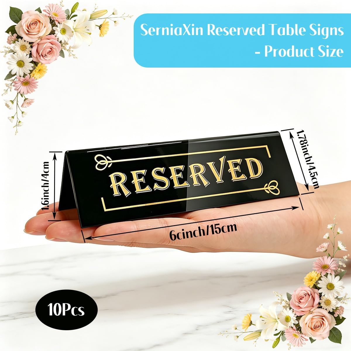 10PCS Acrylic Reserved Table Signs – 6x2x1.6 in Table Tent – Double-Sided, Wa