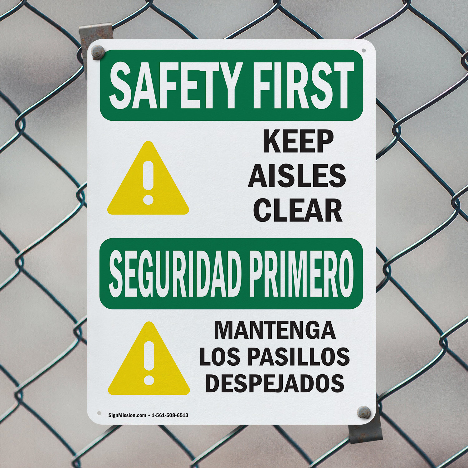 (2 Pack) Keep Aisles Clear Bilingual OSHA Safety First Sign Decal Metal Plastic