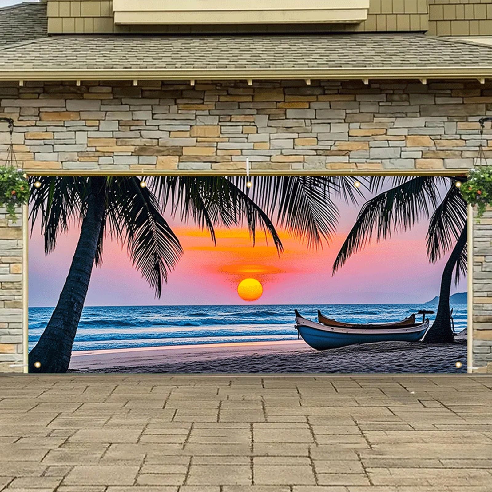 Beach Sunset Garage Door Banner 13x6ft Summer Tropical Palm Tree Ocean Backdr…