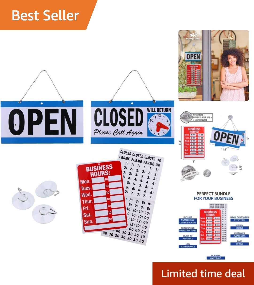 Customizable Open Closed Business Hours Sign Bundle with Suction Cups – 4 Pieces