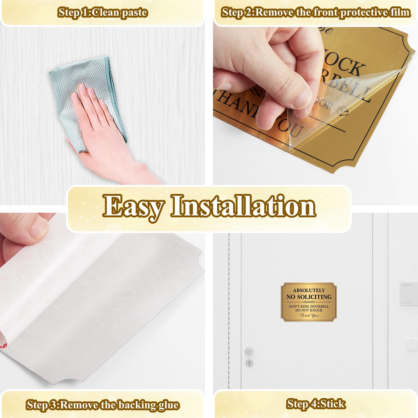 No Soliciting Sign for Front Door，Self-Adhesive Elegant Brushed Gold Do N
